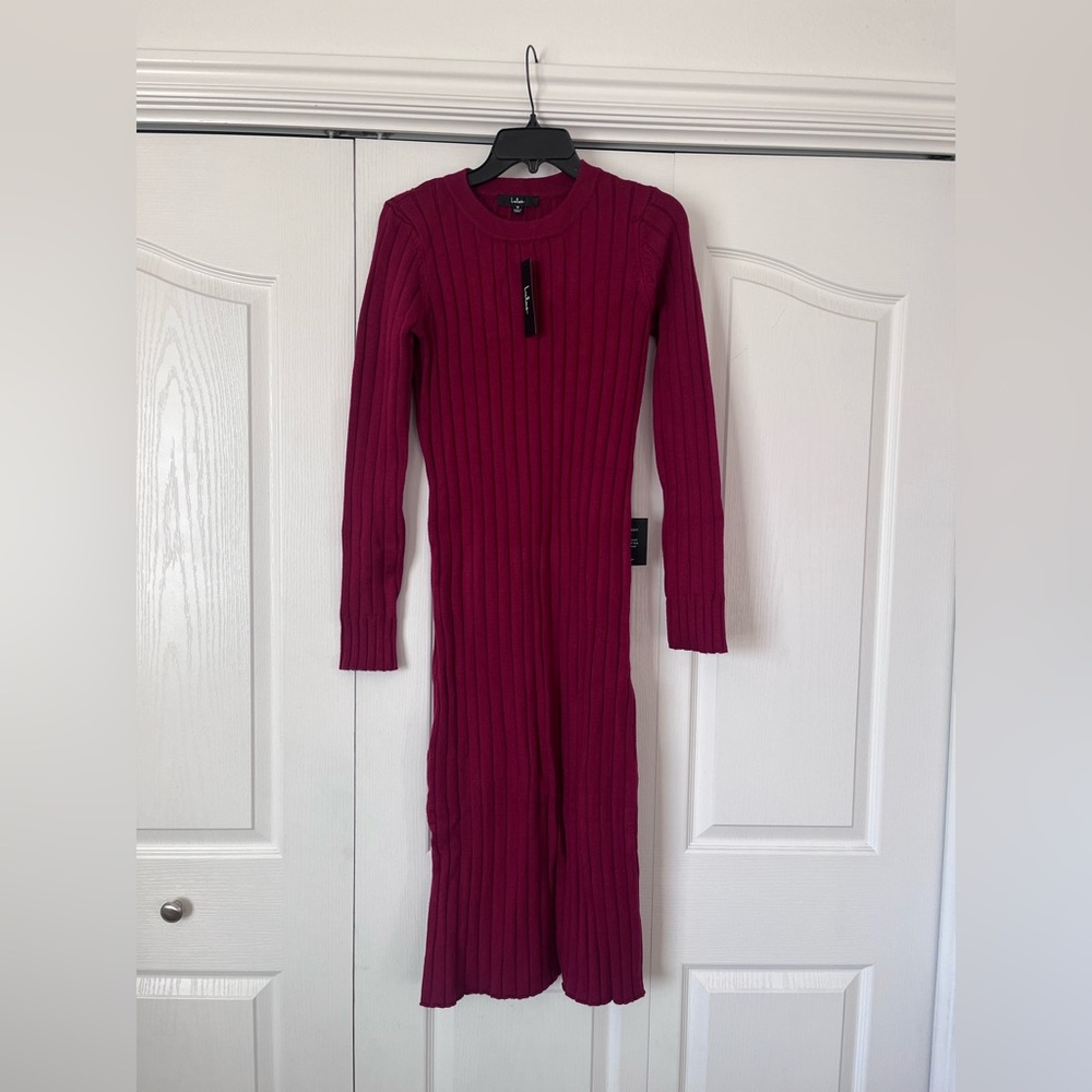 Lulu’s Ribbed Long Sleeve Sweater Dress in Deep Red Sz M NWT